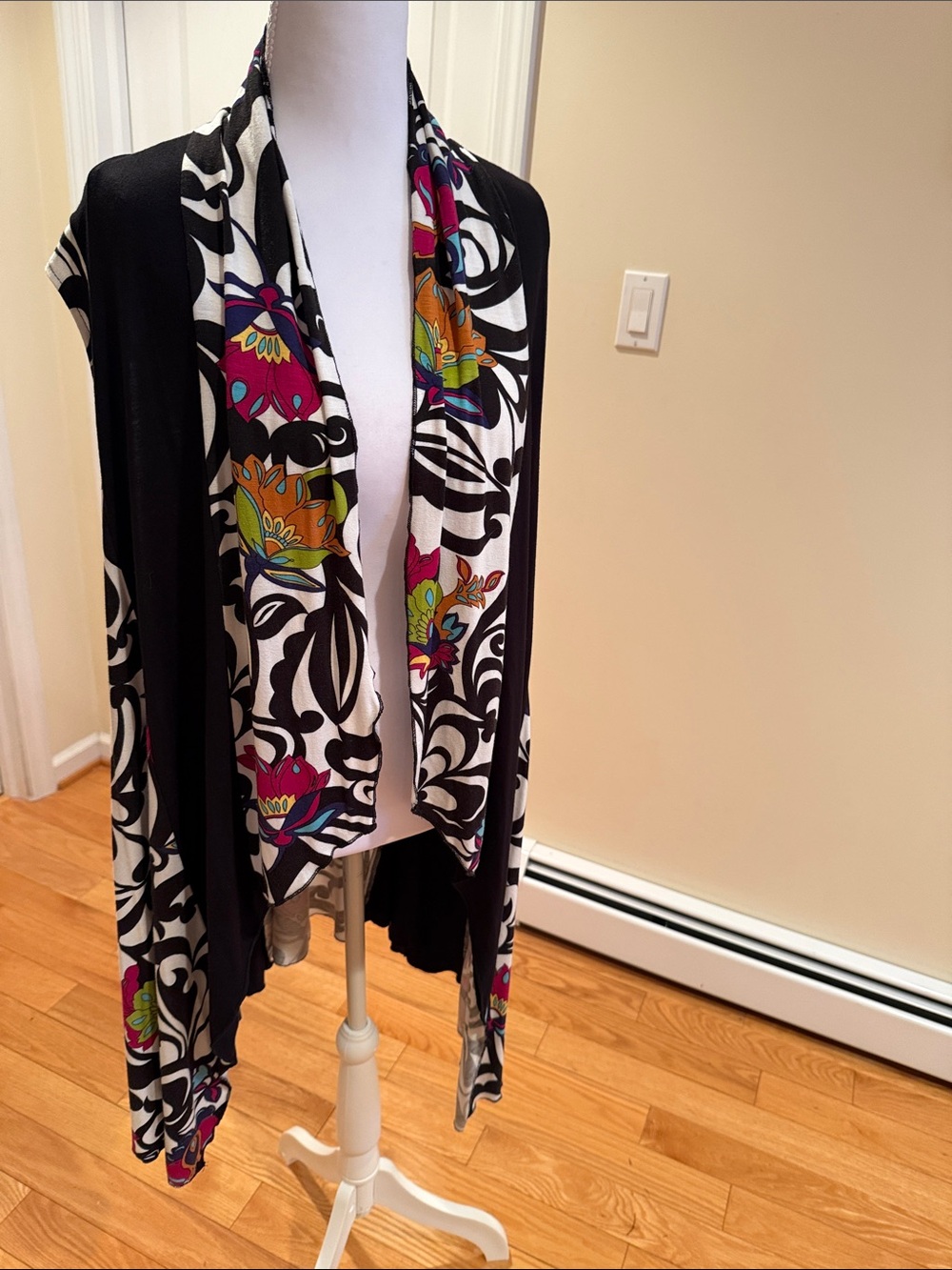 Black & White Floral Draped Cardigan with Multicolor Accents